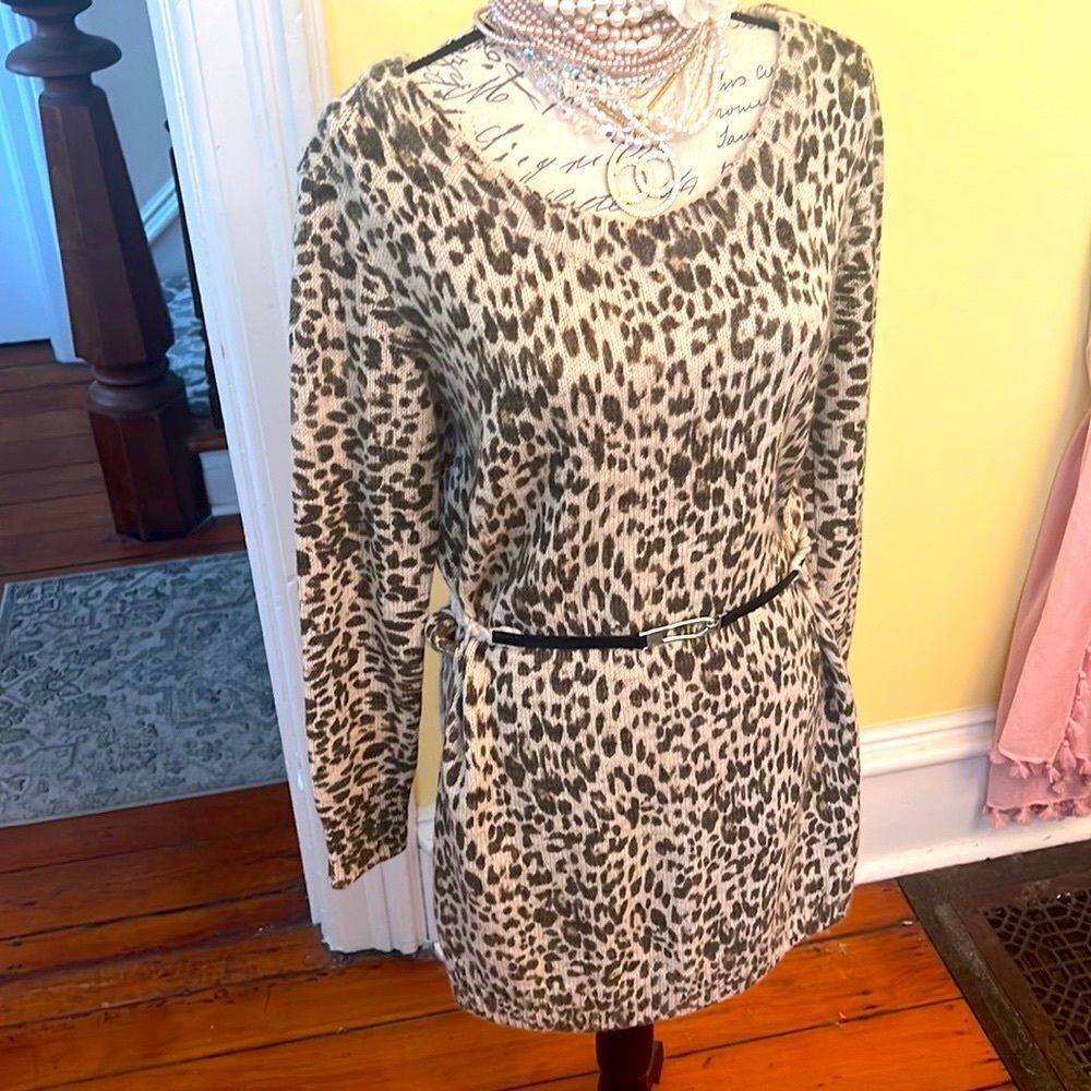 Y2K 90’s Moda International Sz M Wool Mohair Cheetah Sweater-dress w/Rope Belt